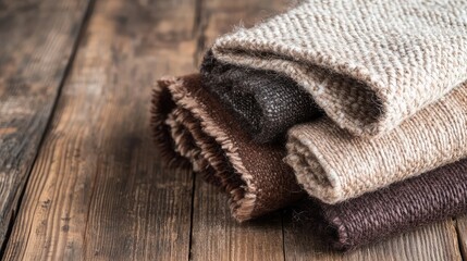 Cozy Natural Textures of Stack of Soft Woolen Fabrics on Wood