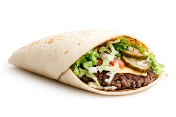 A burrito with a hamburger inside and lettuce and pickles on top