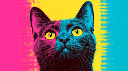 Vibrant cat portrait in halftone style captures the essence of pop art from the 50s, blending pink, blue, and yellow hues for a playful visual experience