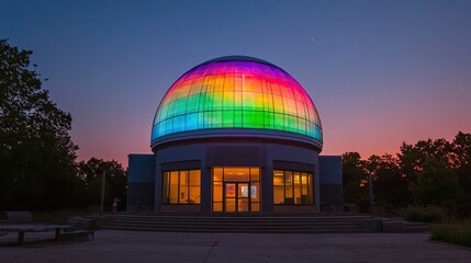 Obraz premium Colorful Sunset Over a Modern Observatory with Illuminated Dome