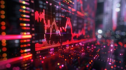Obraz premium Red stock market graph on screen at night.