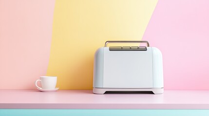 Modern pastel toaster with coffee cup against colorful background