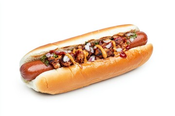 A hot dog with onions and mustard on it