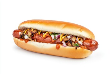 A hot dog with mustard and onions on it