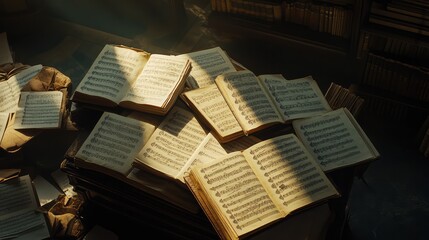 Obraz premium Vintage Music Manuscripts Spread Across a Dusty Library Table