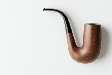 A wooden pipe with a black tip sits on a white background, smoking device for tobacco