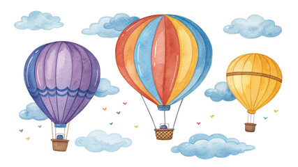 Fototapeta premium Watercolor Hot Air Balloons Clipart with Clouds and Hearts, balloons, watercolor, clipart, clouds 