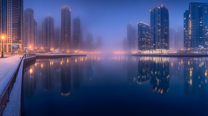 Fototapeta premium Cityscape at Dusk Foggy Waterfront Buildings Reflecting