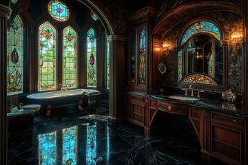 Lavish Gothic revival bathroom with stained glass windows, a black marble floor, and a large, ornate wooden vanity.