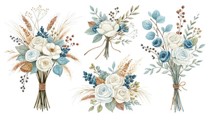Obraz premium Watercolor Floral Bouquets Four Blue and White Arrangements, Isolated on White Background, Wedding, BohoFloral arrangement, watercolor painting, bouquet design, wedding decor