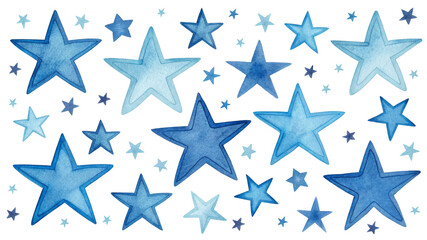 Fototapeta premium Watercolor Blue Stars Composition Multiple Shades, Isolated on White Background, Celestial Design, Night Sky ThemeStars, Watercolor, Blue, Pattern