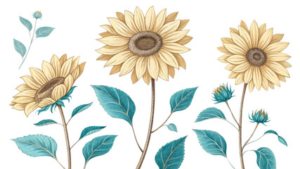 Botanical Sunflowers Three Bloom Composition, Teal Leaves, Isolated on White Background, Vintage Style Illustration

Sunflower, Botanical Illustration, Vintage Flowers, Teal Leaves
