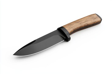A knife with a wooden handle and a black blade