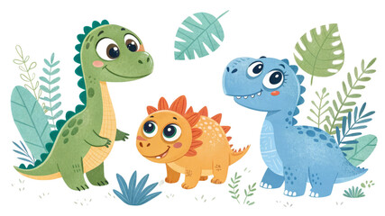 Adorable Cartoon Dinosaurs Trio Digital Painting, Three Cute Dinosaurs with Tropical Leaves, Isolated on White Background

Keywords Dinosaurs, Cartoon, Illustration, Children's Book