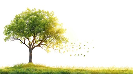 Fototapeta premium Lush green tree with butterflies on a sunny day, isolated on white.