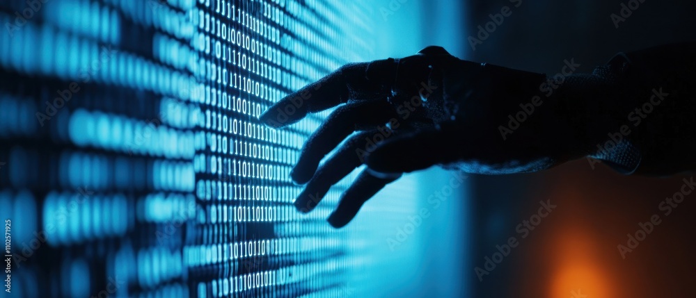 Poster a robotic hand reaching towards a digital interface filled with binary code.