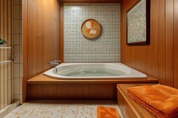 Mid-century modern bathroom with a sunken tub, wood paneling, and retro tiles.