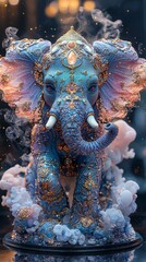 Intricate Decorative Elephant Sculpture in Vibrant Colors Surrounded by Ethereal Clouds and Soft Light, Showcasing Artistic Detail and Cultural Significance