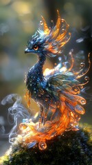 Fototapeta premium Colorful Fantasy Bird with Sparkling Feathers and Glowing Details in Ethereal Forest Setting, Symbolizing Magic and Wonder of Nature