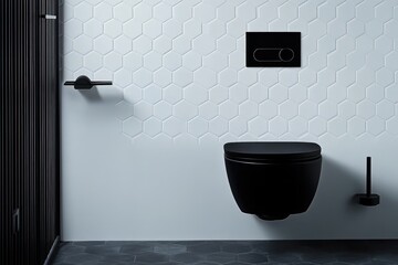 Minimalist black and white bathroom with a wall-mounted black toilet, white hexagonal tiles, and no visible hardware.