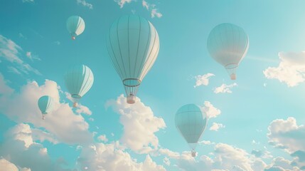 Obraz premium Pastel hot air balloons float in a bright blue sky with fluffy clouds.