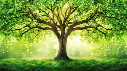 Obraz premium Lush green tree in vibrant sunlight.