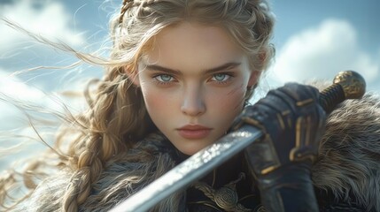 Young Warrior Woman with Braided Hair and Sword Against Sky Background, Exuding Strength, Power, and Determination in a Fantasy Setting