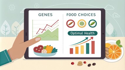 An educational infographic on a smartphone screen illustrating the connection between genes and food choices for optimal health.