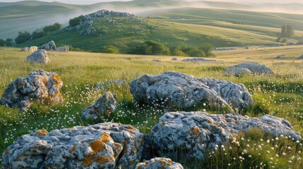 Sunlit meadow with scattered rocks and wildflowers, misty hills in background.
