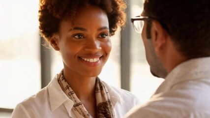 Confident young educational consultant discussing professional development in sunlit modern interior