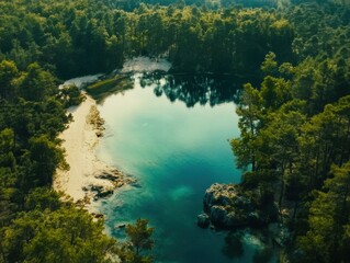 Serene Aerial View of Tranquil Forested Lake Surrounded by Lush Green Pine Trees and Scenic Sandy Shoreline in Bright Natural Light