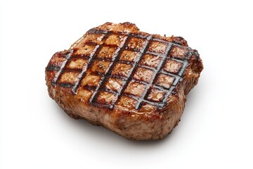 A piece of meat is grilled and has a lot of black grill marks