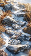 Snowy rocks and grasses in winter landscape.