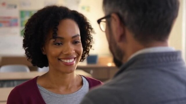 Young educational consultant engaging with school administrator in sunlit modern classroom