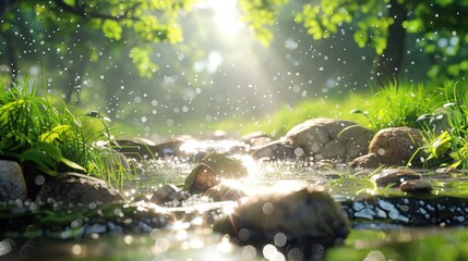 Sunlit stream flowing over rocks in lush green forest.