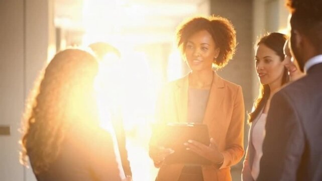 Diverse educational consultant advising school administrators in sunlit modern hallway