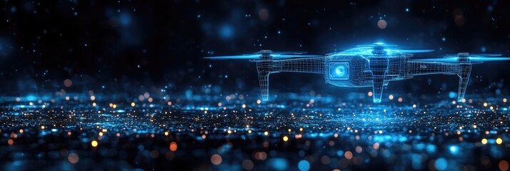 Futuristic wireframe hologram of an advanced drone in digital night sky