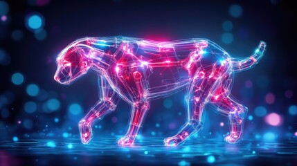 Futuristic neon dog hologram on a glowing digital background