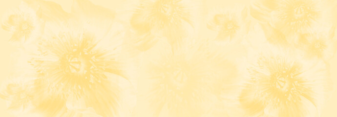Dreamy blurred yellow gradient background with merging in a pale colored flower composition. Peaceful or serene backgrounds. Template banner. Frame with soft pastel floral pattern