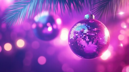 Obraz premium Vibrant christmas ornament with pink disco ball and bokeh background