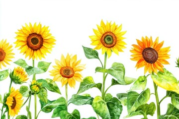 Fototapeta premium Vibrant yellow sunflowers with green leaves against a white background, symbolizing joy and positivity in nature. Perfect for cheerful floral designs.
