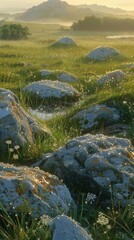 Naklejka premium Sunrise over grassy field with scattered rocks and dew.