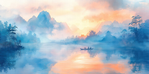 Brazilian art style. A serene landscape featuring misty mountains and a tranquil river at sunrise, with a small boat gliding across the water.