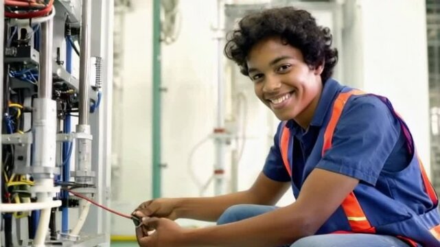 Young electrical engineer apprentice with olive skin assisting with electrical systems installation