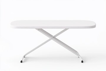 A white table with a white cover and metal legs, ironing board