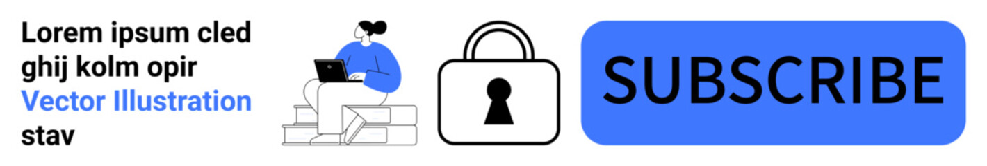 Person sitting with a laptop next to a large padlock icon and a prominent SUBSCRIBE button. Ideal for online security, membership, call to action, digital marketing, user engagement, email sign-up