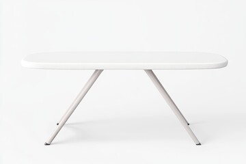 A white table with a white cloth on it, ironing board