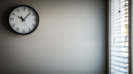 Simple unmarked clock displays no hands on a plain wall near a window with blinds