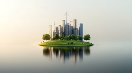 A futuristic city powered by renewable energy, featuring solar panels, wind turbines, and electric vehicles. The skyline is filled with eco-friendly architecture, and pedestrians are enjoying 