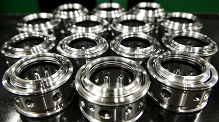Precision Machined Metal Components, A Collection of Shiny, Chrome-like Cylindrical Parts with Intricate Details, Closely Arranged for Manufacturing or Industrial Use.